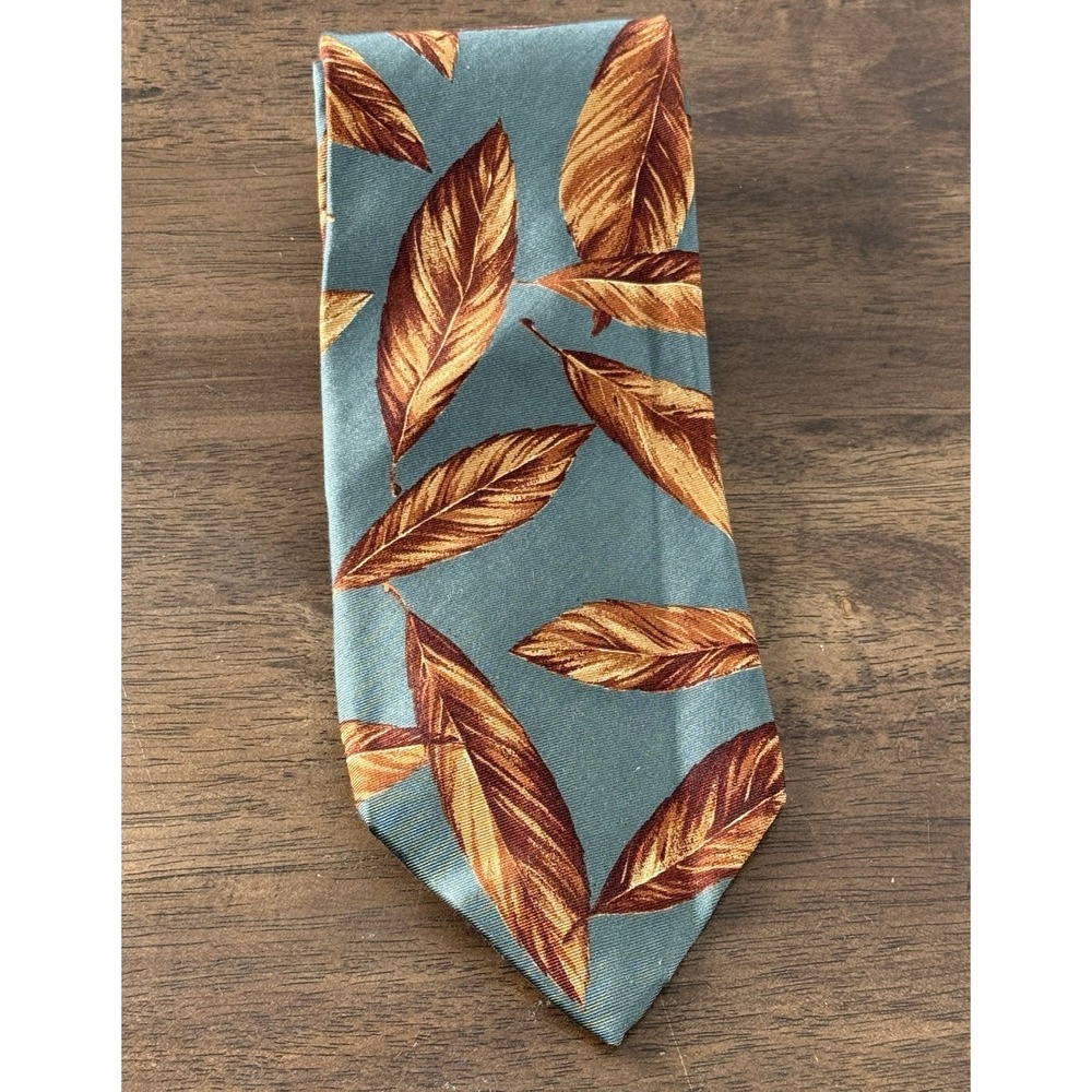 Eddie Bauer Mens Neck Tie Teal Green Silk‎ Leaves Tie Necktie